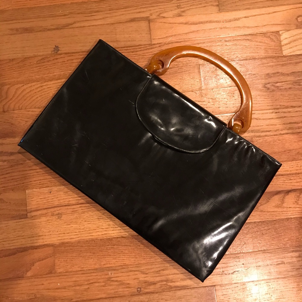 Vintage 60’s Patent Leather Document Case Briefcase Lucite Handle